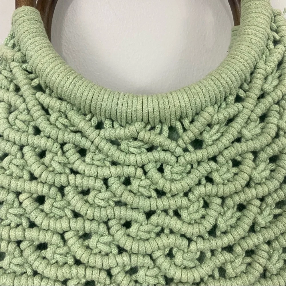 Sigrid Olsen Sage Green Woven Handbag with Wooden Handles Cottage Core Boho